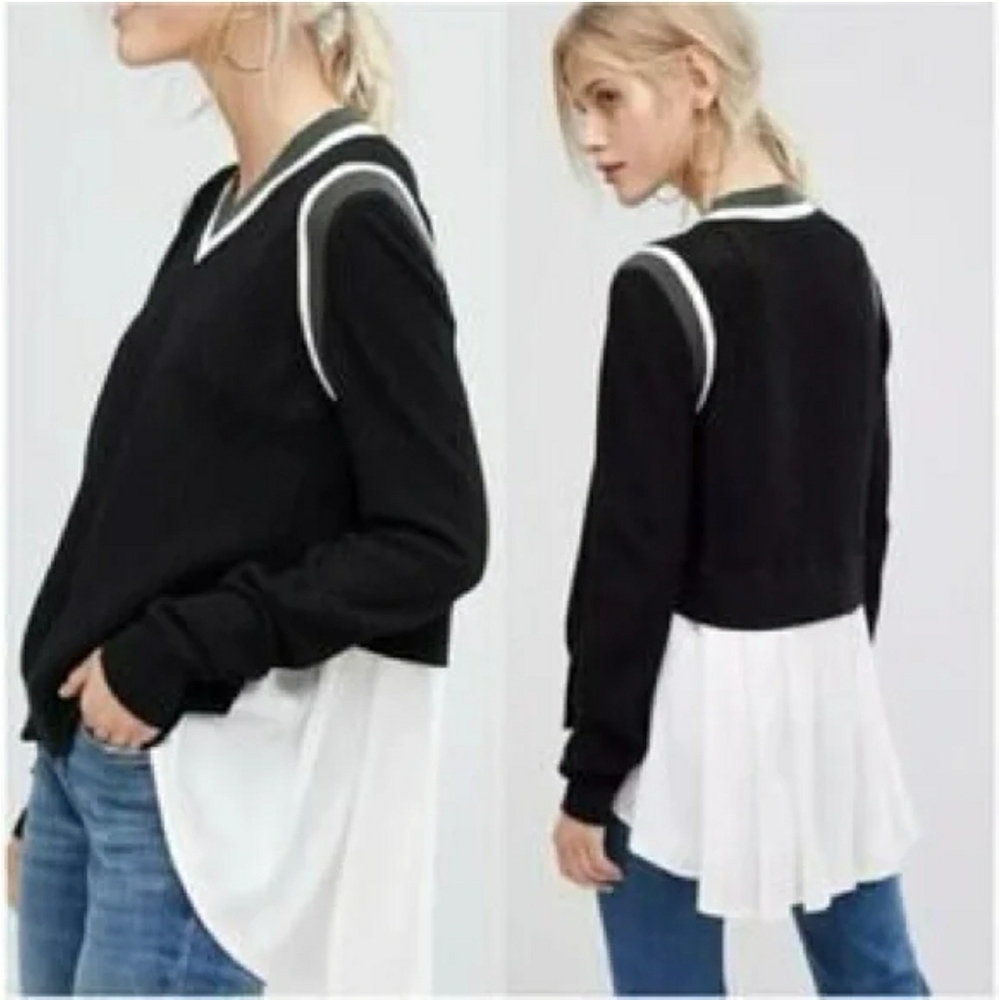 Veronica Beard Mixed-Media V-Neck Black Mesh Sweater White Shirt Pleated Layer